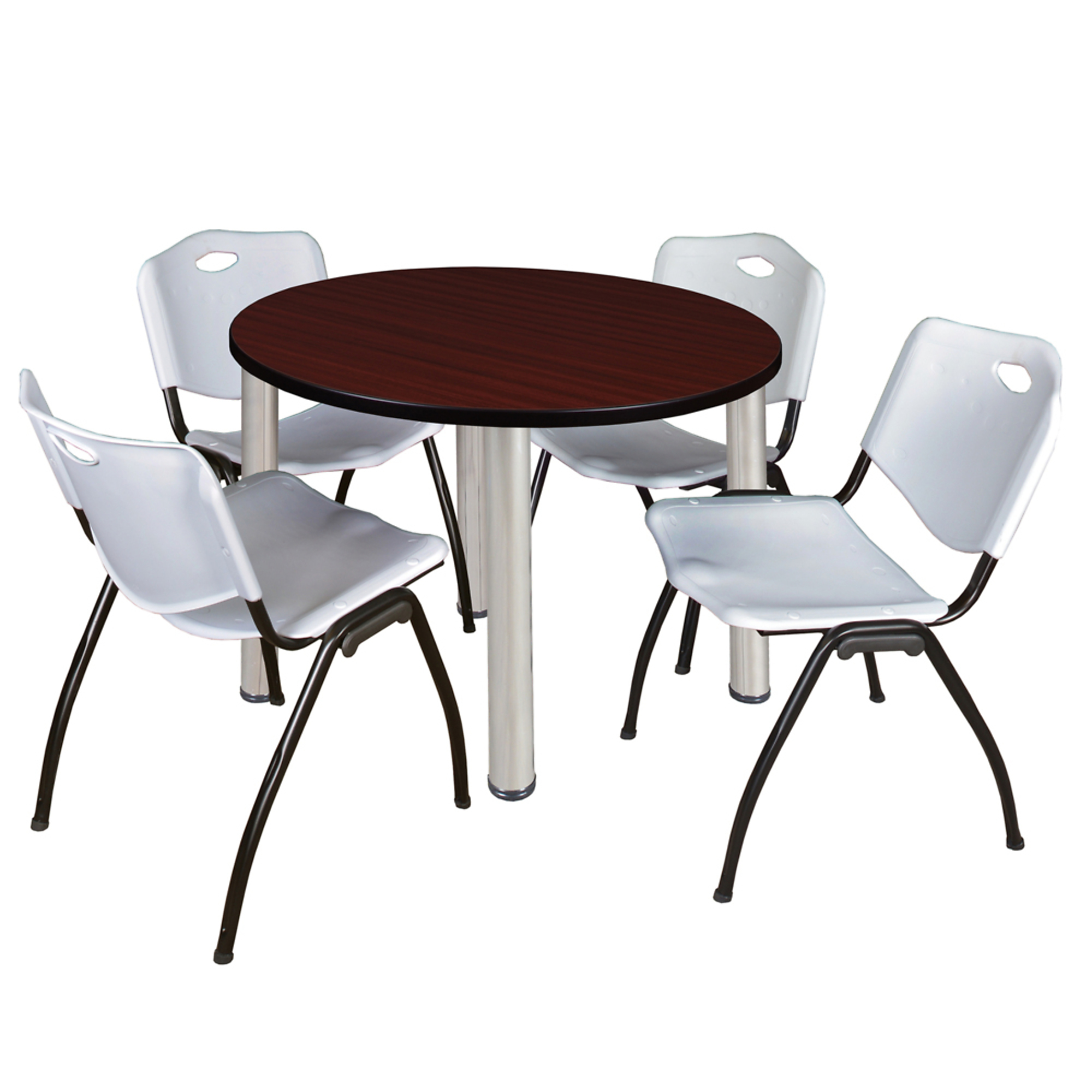 Regency Kee Round Breakroom Table Set — 36in. Mahogany/Grey Top, Chrome Legs, 4 Grey Stack Chairs, Model# TB36RNDMHBPCM47GY